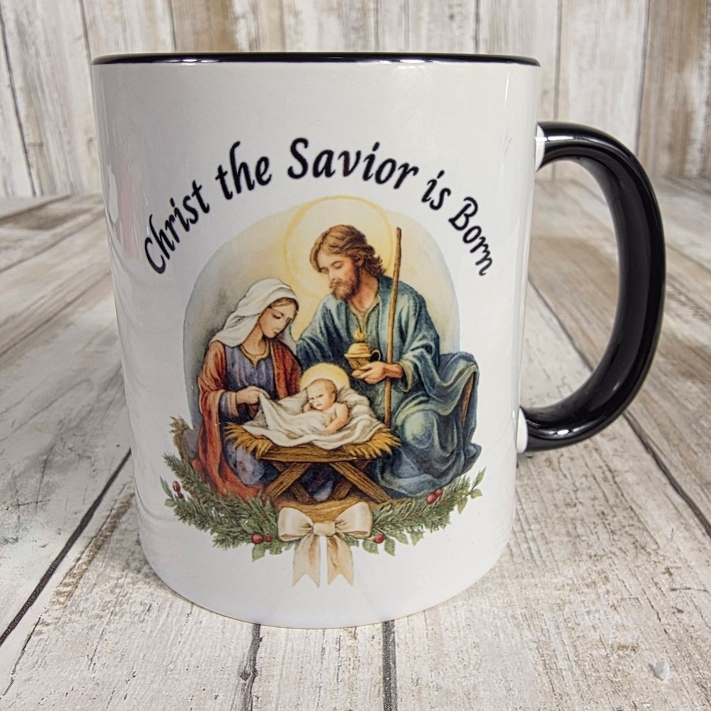 Christ the Savior is Born Nativity Scene Ceramic Coffee Mug White Black Interior - Picture 4 of 5